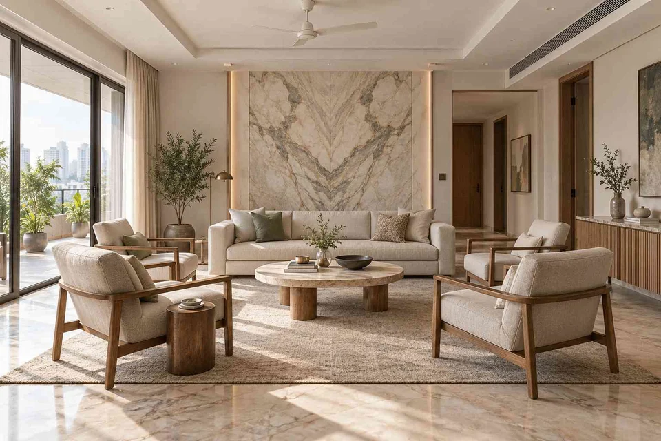 AI-generated living room design concept: central conversation island, marble restraint direction