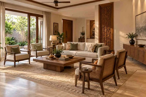 AI-generated living room design concept: central conversation island, modern carved direction