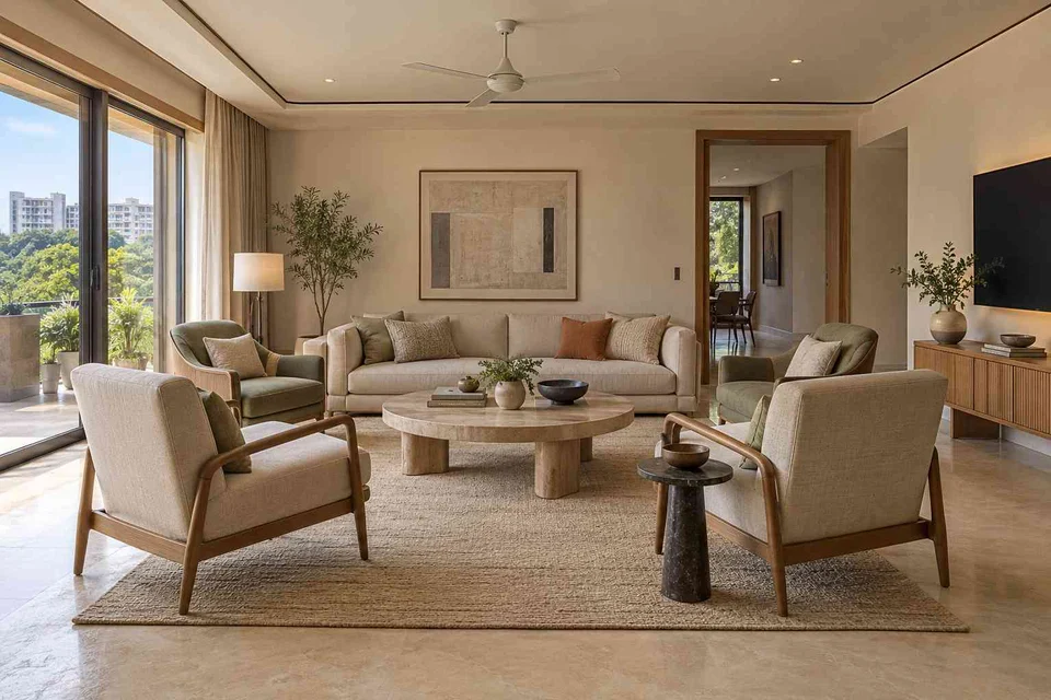 AI-generated living room design concept: central conversation island, quiet contemporary direction