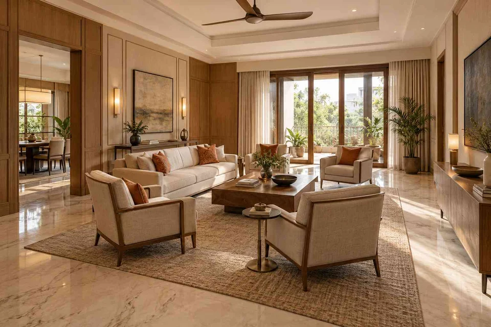 AI-generated living room design concept: central conversation island, quiet transitional direction