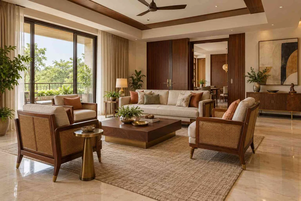 AI-generated living room design concept: central conversation island, rosewood brass direction