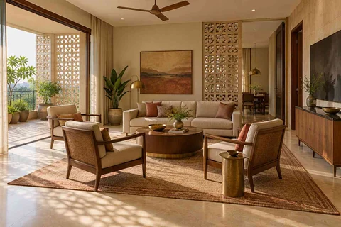 AI-generated living room design concept: central conversation island, sandstone lattice direction