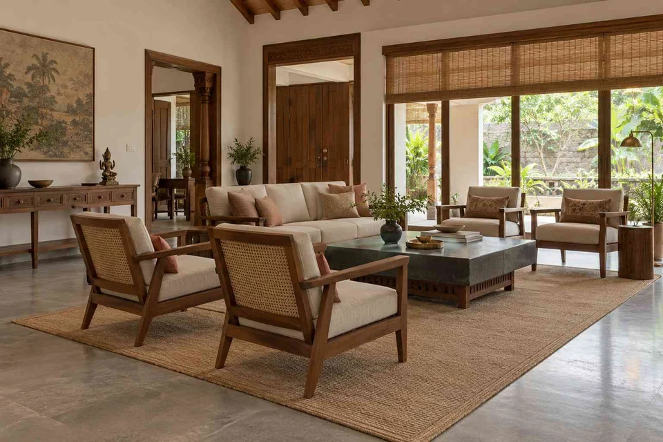 AI-generated living room design concept: central conversation island, teak craft direction