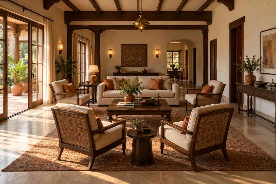 AI-generated living room design concept: central conversation island, terracotta heritage direction