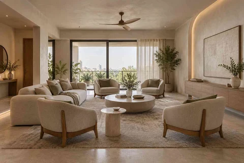 AI-generated living room design concept: central conversation island, textured mineral direction