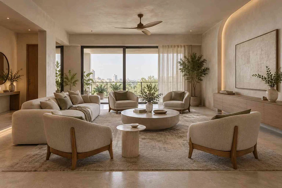 AI-generated living room design concept: central conversation island, textured mineral direction
