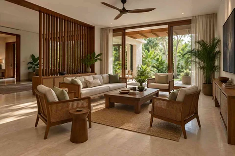 AI-generated living room design concept: central conversation island, tropical slatted direction