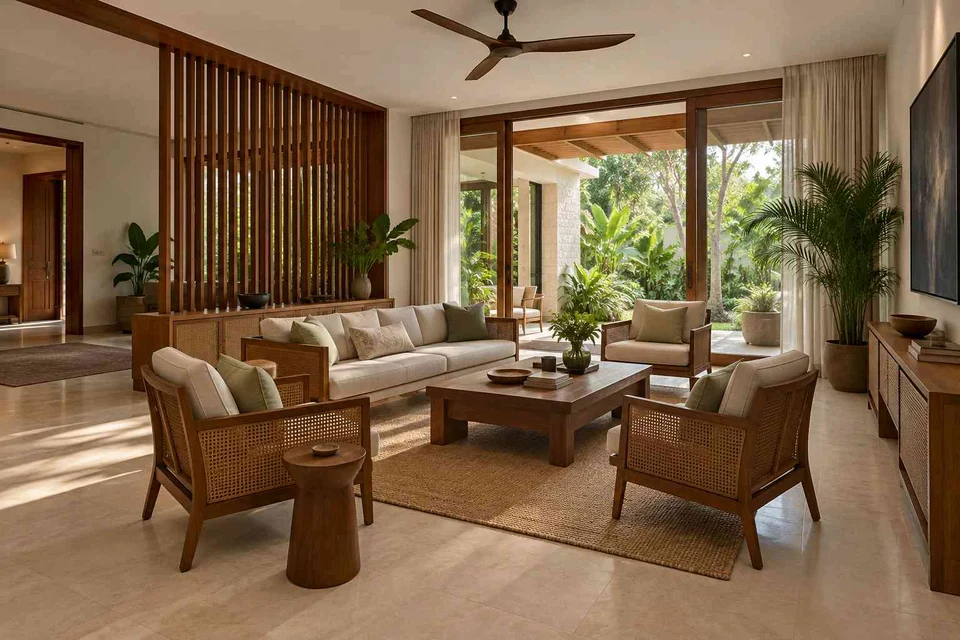 AI-generated living room design concept: central conversation island, tropical slatted direction