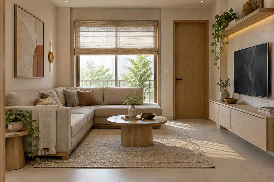 AI-generated living room design concept: corner l apartment, ash and linen direction