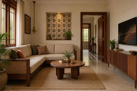 AI-generated living room design concept: corner l apartment, chettinad tile direction