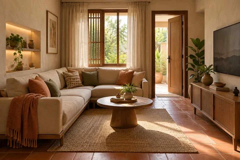 AI-generated living room design concept: corner l apartment, clay artisan direction