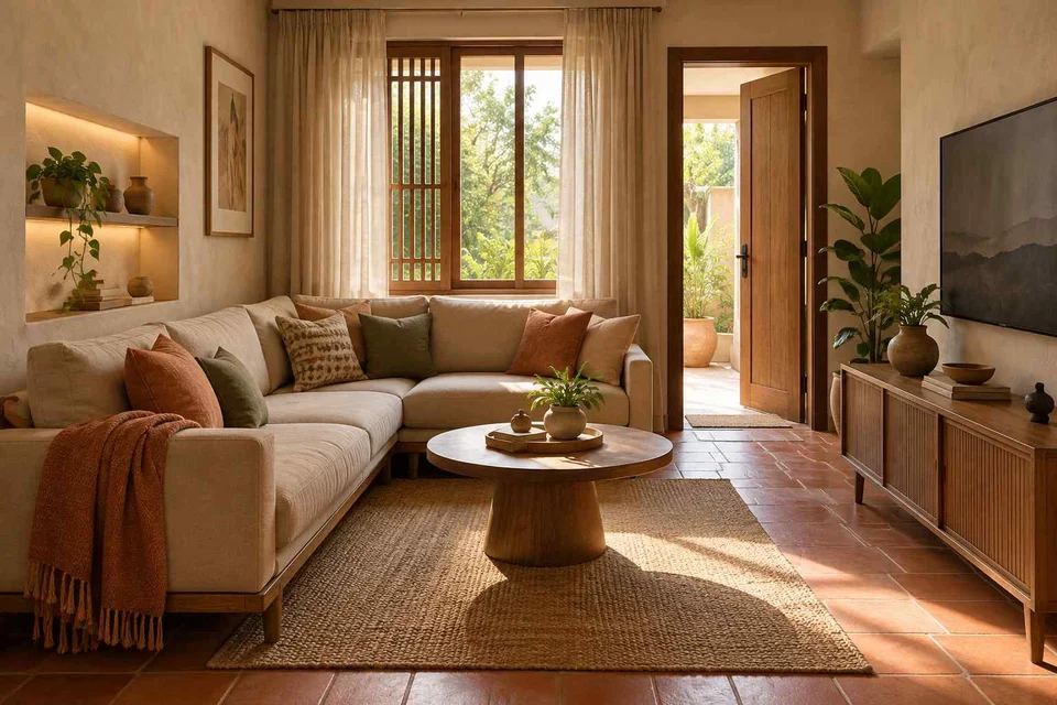 AI-generated living room design concept: corner l apartment, clay artisan direction