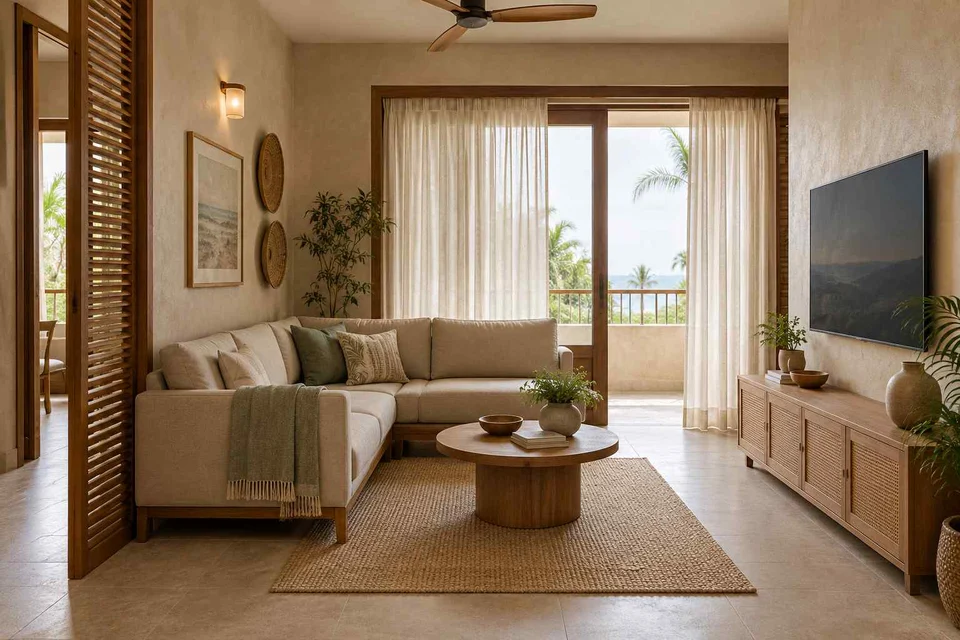 AI-generated living room design concept: corner l apartment, coastal woven direction