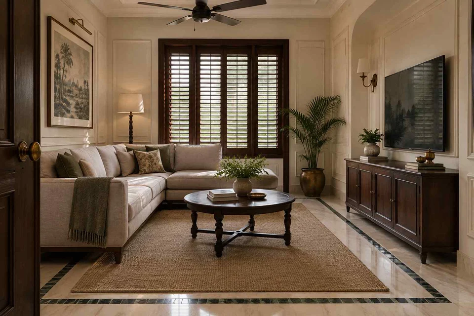 AI-generated living room design concept: corner l apartment, colonial quiet direction