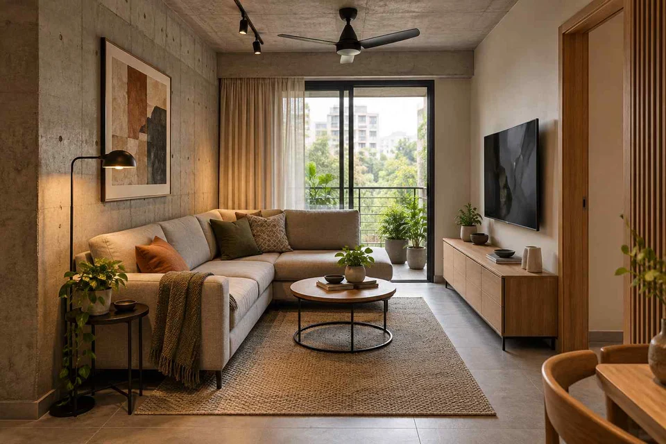 AI-generated living room design concept: corner l apartment, concrete and oak direction