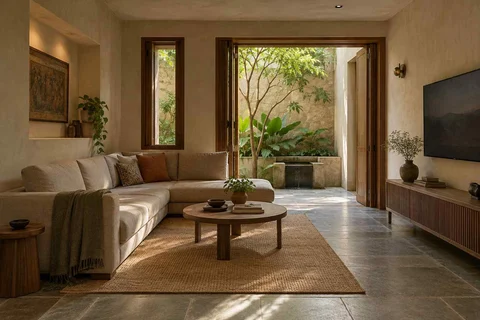 AI-generated living room design concept: corner l apartment, courtyard modern direction