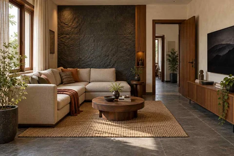 AI-generated living room design concept: corner l apartment, deccan stone direction