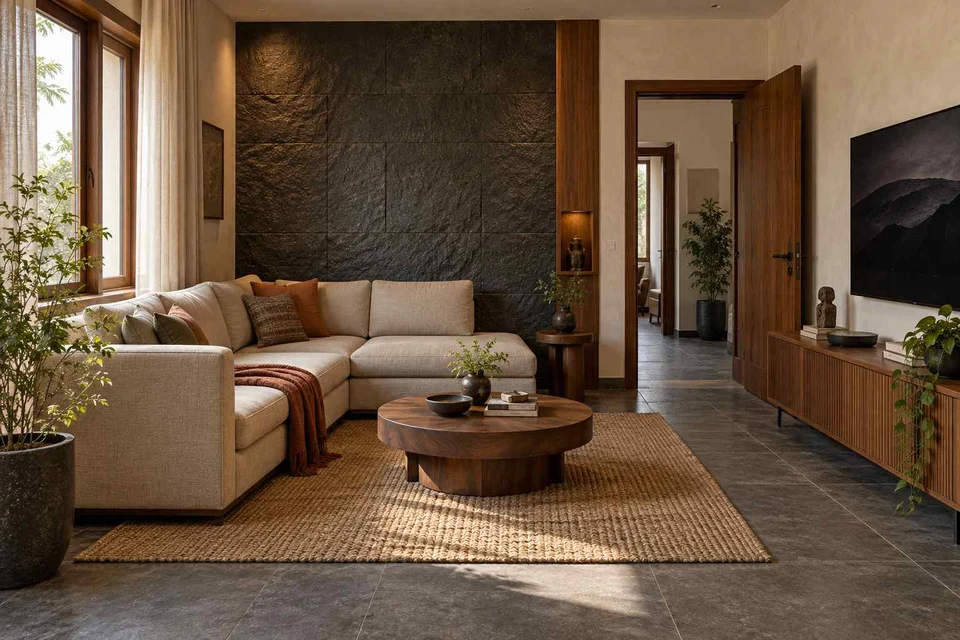 AI-generated living room design concept: corner l apartment, deccan stone direction