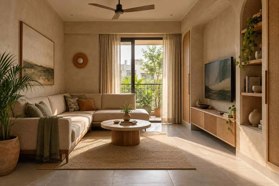 AI-generated living room design concept: corner l apartment, earth and bamboo direction
