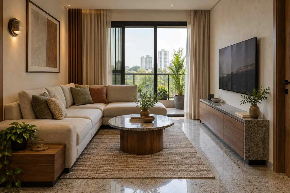 AI-generated living room design concept: corner l apartment, granite precision direction