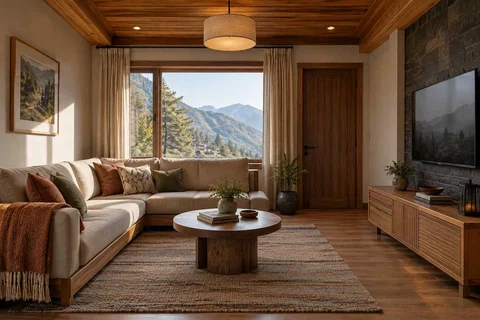 AI-generated living room design concept: corner l apartment, hill timber direction