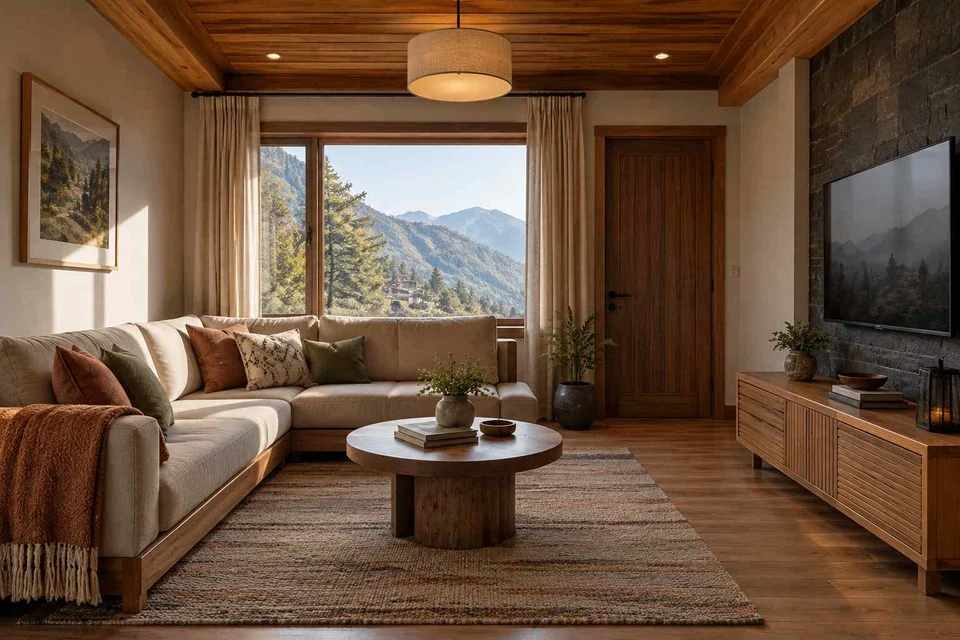 AI-generated living room design concept: corner l apartment, hill timber direction