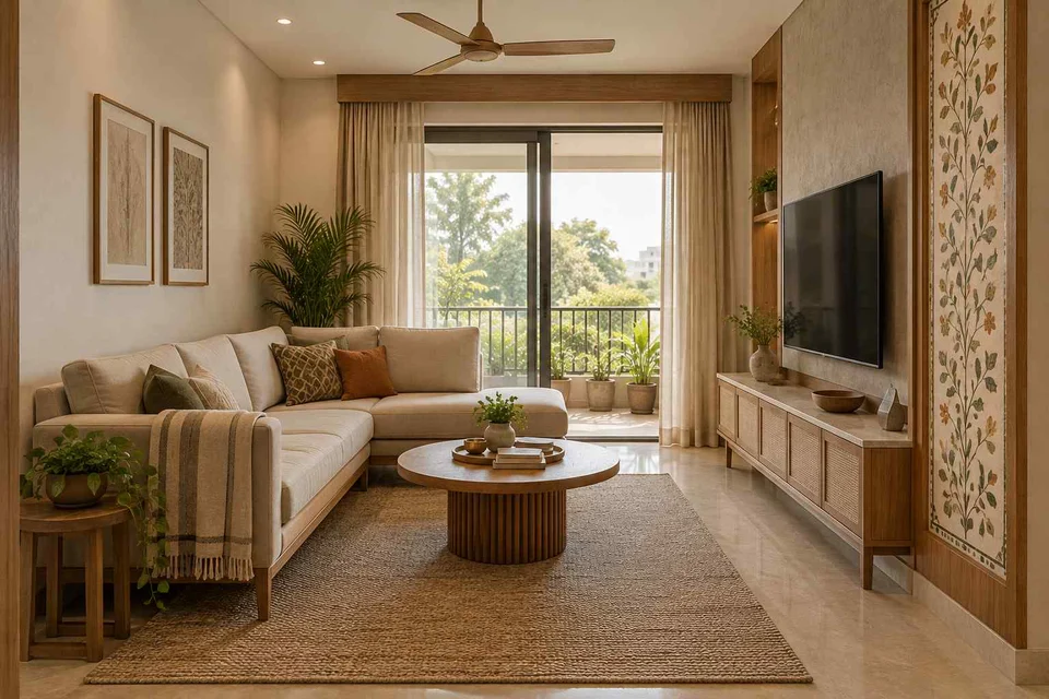 AI-generated living room design concept: corner l apartment, inlay atelier direction