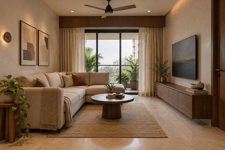 AI-generated living room design concept: corner l apartment, lime and walnut direction