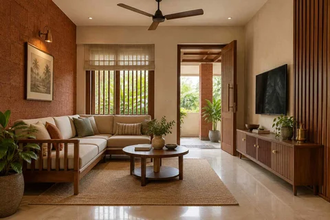 AI-generated living room design concept: corner l apartment, malabar timber direction