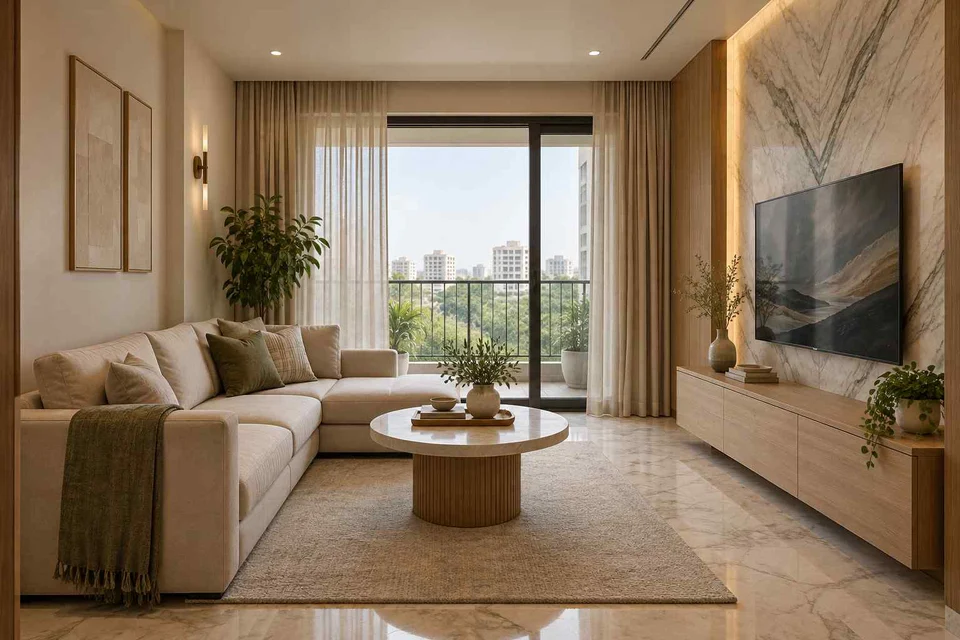 AI-generated living room design concept: corner l apartment, marble restraint direction
