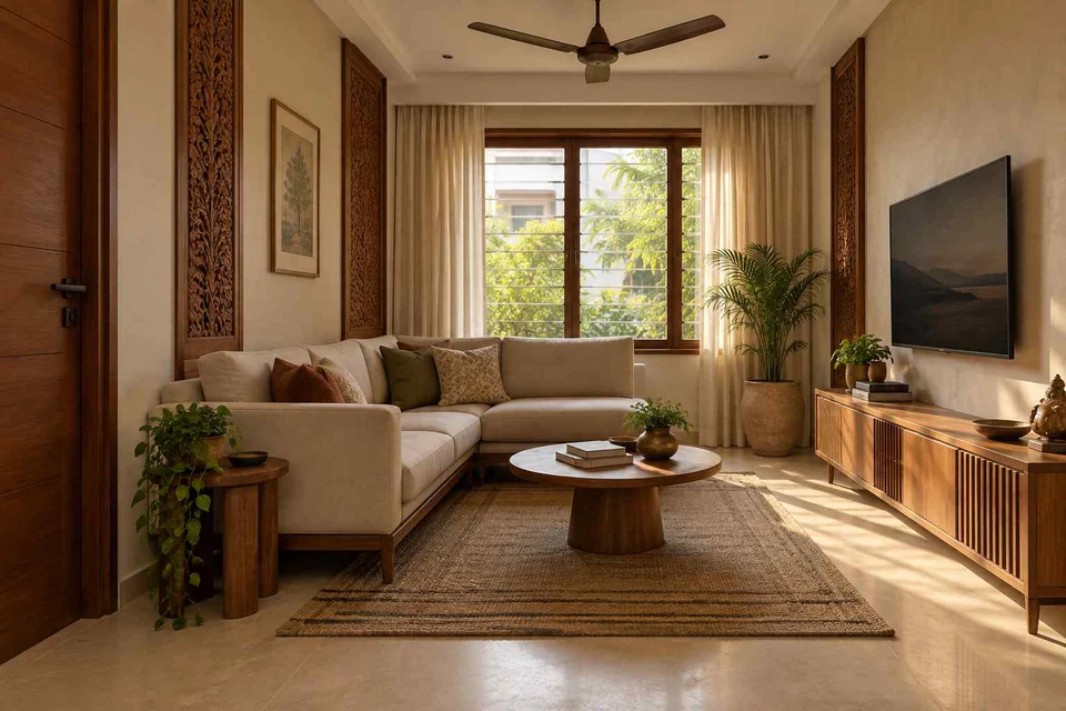AI-generated living room design concept: corner l apartment, modern carved direction