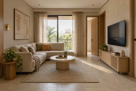 AI-generated living room design concept: corner l apartment, quiet contemporary direction