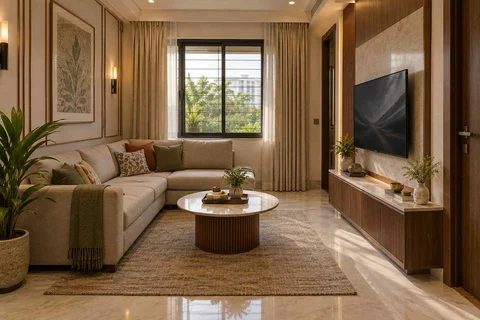 AI-generated living room design concept: corner l apartment, quiet transitional direction