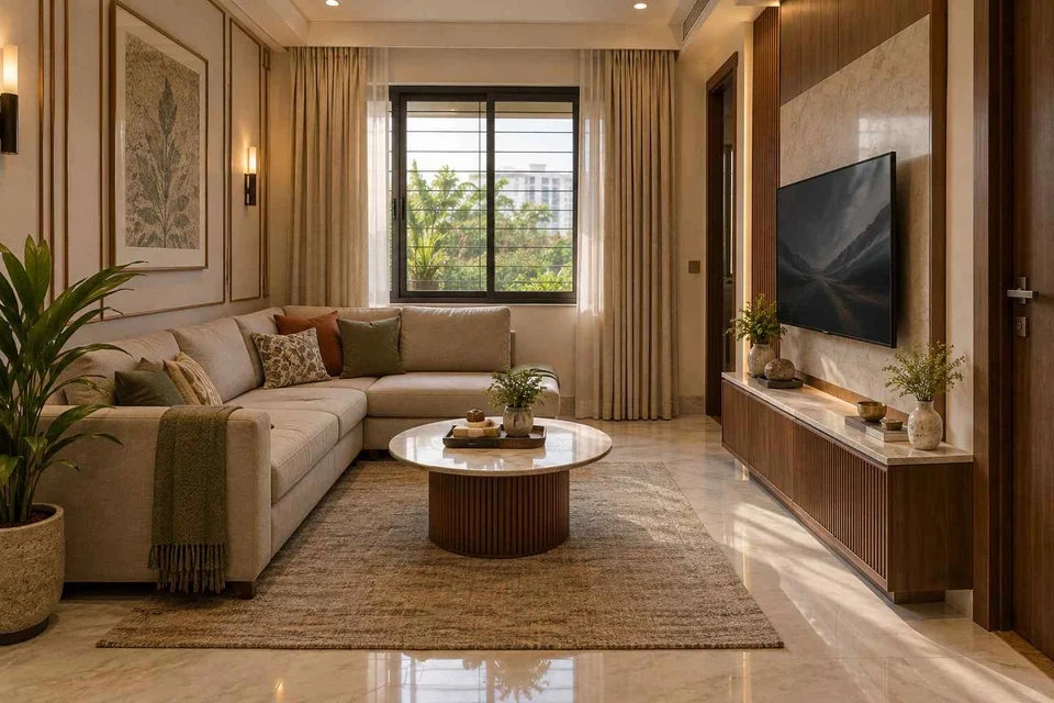 AI-generated living room design concept: corner l apartment, quiet transitional direction