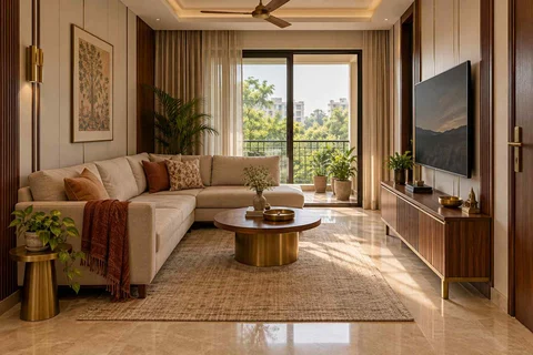 AI-generated living room design concept: corner l apartment, rosewood brass direction