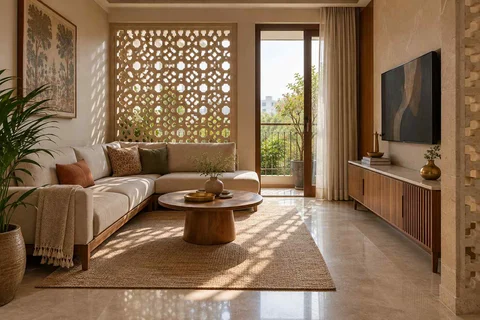 AI-generated living room design concept: corner l apartment, sandstone lattice direction