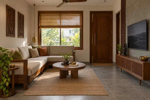 AI-generated living room design concept: corner l apartment, teak craft direction