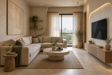 AI-generated living room design concept: corner l apartment, textured mineral direction