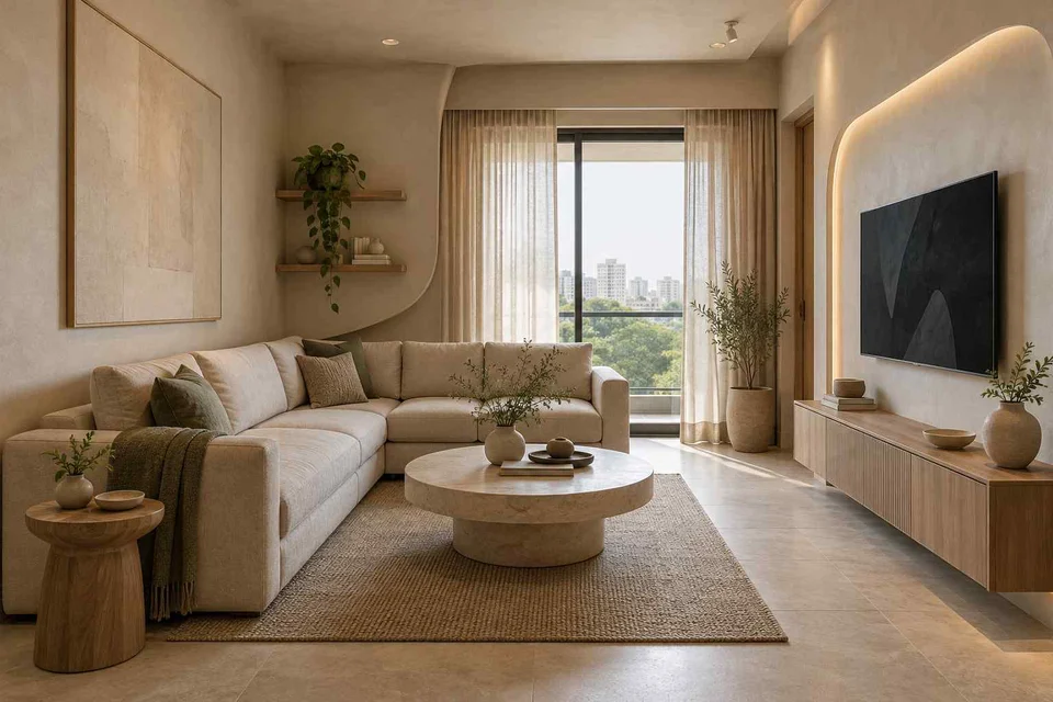 AI-generated living room design concept: corner l apartment, textured mineral direction