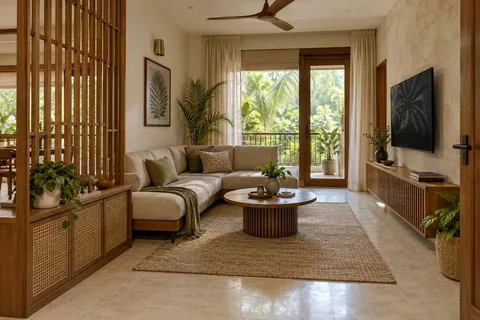 AI-generated living room design concept: corner l apartment, tropical slatted direction