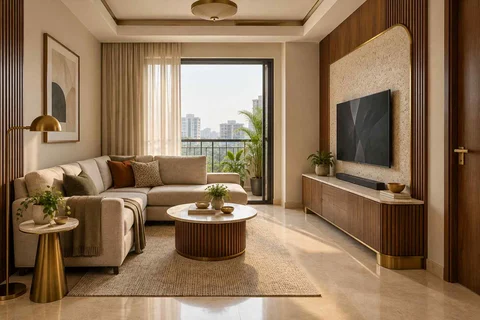AI-generated living room design concept: corner l apartment, urban deco direction