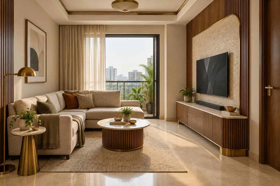 AI-generated living room design concept: corner l apartment, urban deco direction