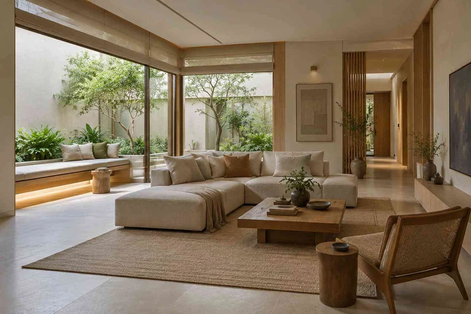 AI-generated living room design concept: courtyard corner lounge, ash and linen direction