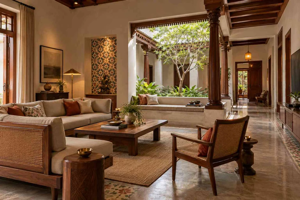 AI-generated living room design concept: courtyard corner lounge, chettinad tile direction