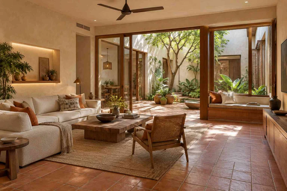 AI-generated living room design concept: courtyard corner lounge, clay artisan direction