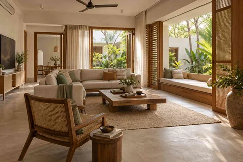 AI-generated living room design concept: courtyard corner lounge, coastal woven direction
