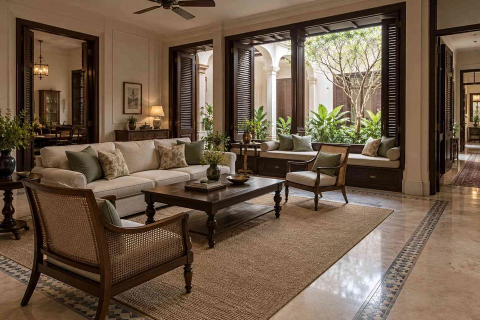 AI-generated living room design concept: courtyard corner lounge, colonial quiet direction