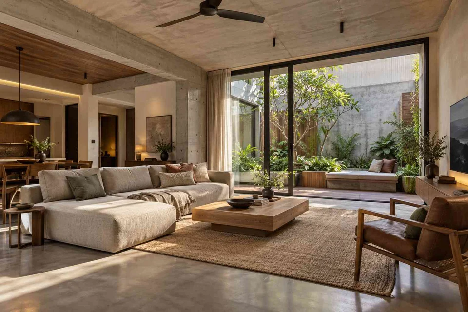 AI-generated living room design concept: courtyard corner lounge, concrete and oak direction