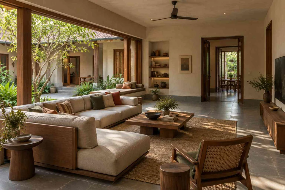 AI-generated living room design concept: courtyard corner lounge, courtyard modern direction