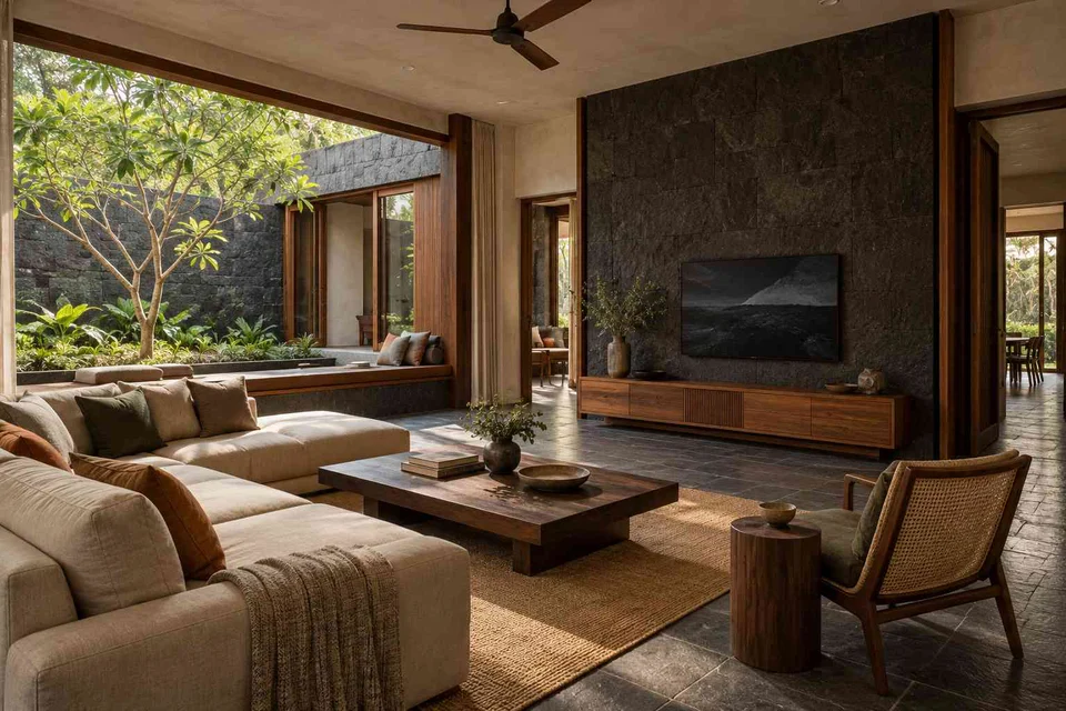 AI-generated living room design concept: courtyard corner lounge, deccan stone direction